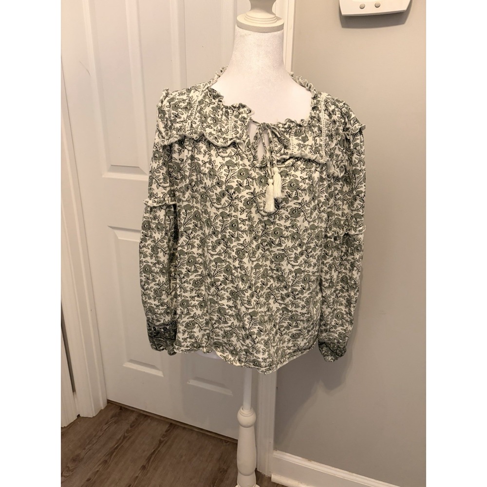 Wonderly Green Floral Print Peasant Blouse Ruffle Tie Neck Long Sleeve L Boho